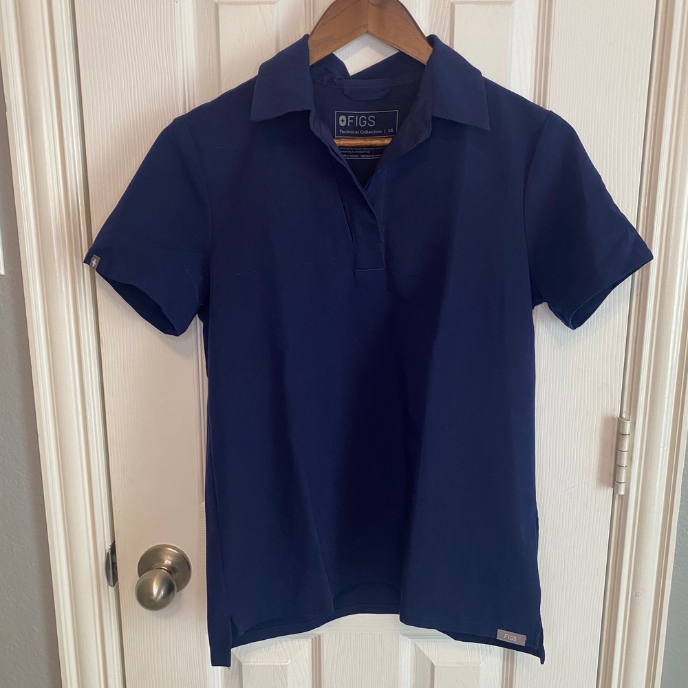 Figs Technical Collection Navy Blue Polo Scrub Top XS Short Sleeve
